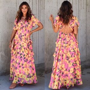 Vici Vibrant Floral Maxi Dress - Pink and Yellow